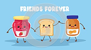 Cute toast. Happy peanut butter and jelly jam jars with sandwich bread together, forever friendship and perfect match