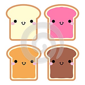 Cute toasts with chocolate, jam and peanut butter. In kawaii style with smiling face and pink cheeks. Cute cartoon toast for desi