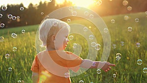 Cute toddler blond boy playing with soap bubbles on summer field. Happy child summertime concept. Authentic lifestyle image