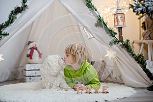 Cute toddler blond child in front of a teepee with pet dog, lying on the floor with sign love