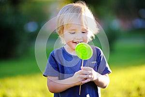 Cute toddler boy with big green lollipop at sunny park