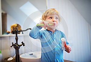 Cute toddler boy brushing his teeth in the bathroom. photo