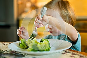 Cute toddler boy eating broccoli. First solid foods. Fresh organic vegetables for infants. Healthy nutrition for the family