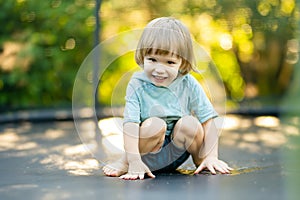 Cute toddler boy jumping on a trampoline in a backyard on warm and sunny summer day. Sports and exercises for children