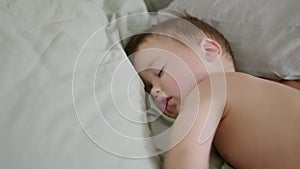 Cute toddler boy sweet sleeping. Afternoon sleep of little child. Tired baby having nap