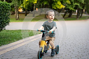 A cute toddler boy of two or three years old rides a bicycle or balance bike in a city park on a sunny summer day. Toddlerhood and