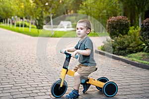 A cute toddler boy of two or three years old rides a bicycle or balance bike in a city park on a sunny summer day. Toddlerhood and