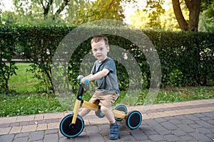 A cute toddler boy of two or three years old rides a bicycle or balance bike in a city park on a sunny summer day. Toddlerhood and