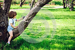 Cute toddler child boy with long hair in stylish outfit playing with toy car on the walk in summer