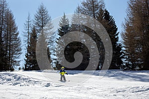 Cute toddler child in colorful ski wear, skiing in Italy on a sunny day, kids and adults skiing together