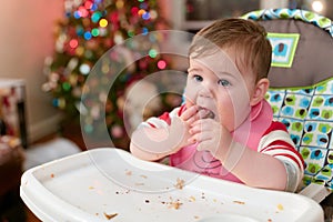 cute toddler eating food and candy in front of a christmas tree