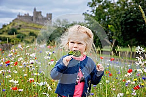 Cute toddler girl with Irish cloverleaf lollipop with Rock of Cashel castle on background. Happy healthy child on flower