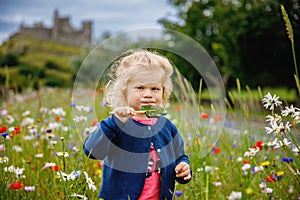 Cute toddler girl with Irish cloverleaf lollipop with Rock of Cashel castle on background. Happy healthy child on flower