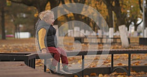 Cute toddler is sitting alone on bench in park at autumn day, happy childhood and walking in recreation area