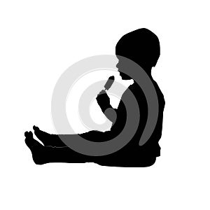 Cute toddler sitting with ice lolly, kid eating, vector silhouette isolated on white background, icon, realistic outline