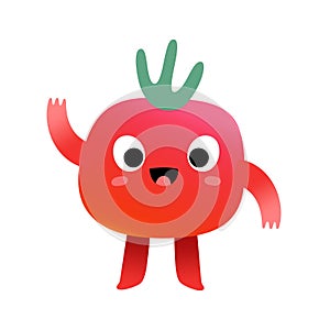 Cute tomato character, sweet cherry tomato vegetable, kawaii cartoon mascot with funny face expression waving hello