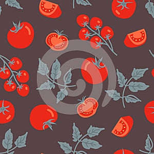 Cute tomato seamless pattern. Ripe tomatoes, cherry tomatoes, tomato lobules and leaves