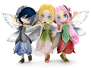 Cute toon fairy friends posing together on a white background.