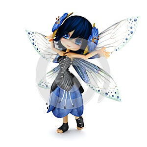 Cute toon fairy wearing blue flower dress with flowers in her hair posing on a white background