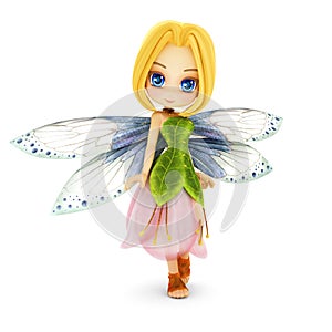 Cute toon fairy with wings smiling on a white background.