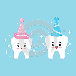 Cute tooth in birthday party hats boy and girl vector set isolated on background.