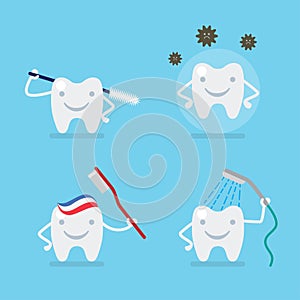 Cute tooth, brushing, protection - dental flat vector set