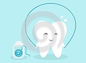 Cute tooth cartoon using dental floss vector