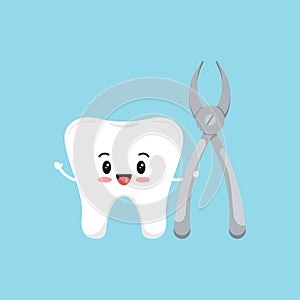 Cute tooth with dental nipper tool icon isolated on blue background.