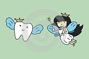 Cute tooth fairy flying with healthy teeth
