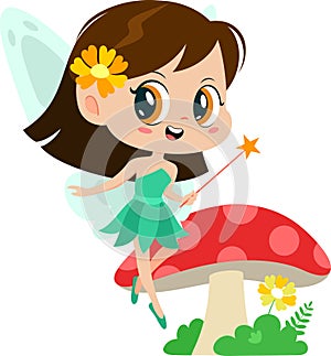 Cute Tooth Fairy Girl Cartoon Character Flying With Magic Wand