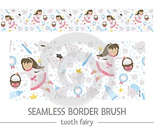 Cute tooth fairy seamless border brush. Kawaii fantasy princess horizontal background with funny smiling toothbrush, baby, molar,