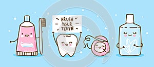 Cute tooth and objects for dental care on blue - funny toothpaste, brush, dental floss and mouthwash
