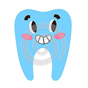 Cute tooth, smiley baby tooth with facial expression, smiling cartoon character, dental care illustration for children