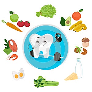 A cute tooth is surrounded by wholesome food