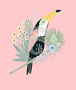 Cute toucan background with flowers and palm leaf. Cute illustration.