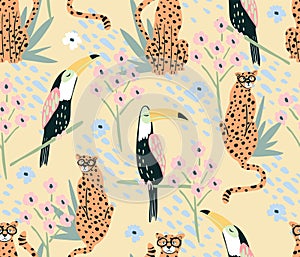 Cute toucan and cheetah seamless pattern. Background with animals, birds and flowers.