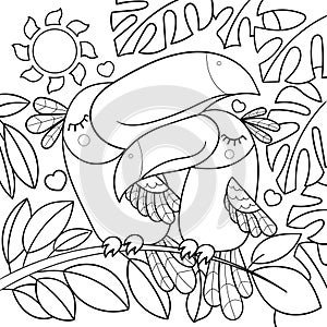 Cute toucans. Black and white linear drawing. Vector