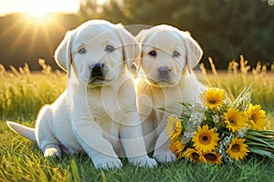 Cute touching puppy asks for forgiveness and gives flowers