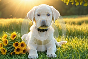 Cute touching puppy asks for forgiveness and gives flowers