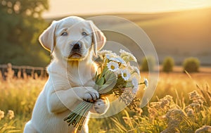 Cute touching puppy asks for forgiveness and gives flowers