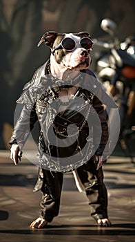 A cute tough dog dressed in leather biker gear and chains with motorcycle background