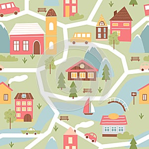 Cute town or village houses, childish seamless pattern, townscape with river and bridge photo