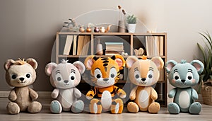 Cute toy animals sitting, playing, smiling childhood fun indoors generated by AI