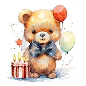 Cute toy bear with birthday cake and balloons. Watercolor cartoon illustration