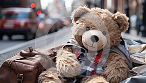 Cute toy bear sitting outdoors, enjoying winter journey with child generated by AI