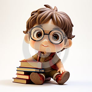 Cute Toy Boy With Glasses Sitting On A Pile Of Books