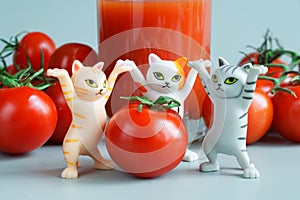 Cute toy cats next to fresh red tomatoes and a fragment of a glass of tomato juice. Pastel light green background. Copy space.