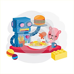 Cute toy character.Robot and Bear doll have lunch.character design-vector illustration