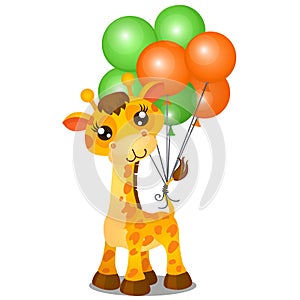 Cute toy giraffe and inflatable colorful balls tied to the tail isolated on white background. Vector cartoon close-up