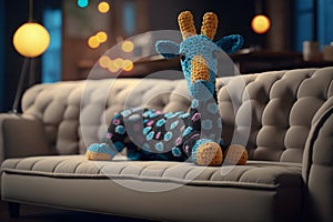 Cute toy giraffe on sofa in room at night. Animal concept